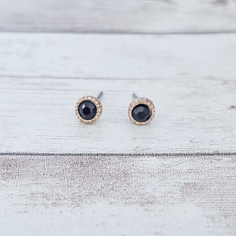 Stud Earrings - Dainty Black Gems with Gold Tone Halo